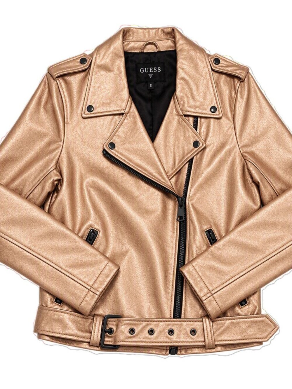 GUESS Rose Gold Metallic Moto Jacket Size M Faux Leather Biker Jacket NWT